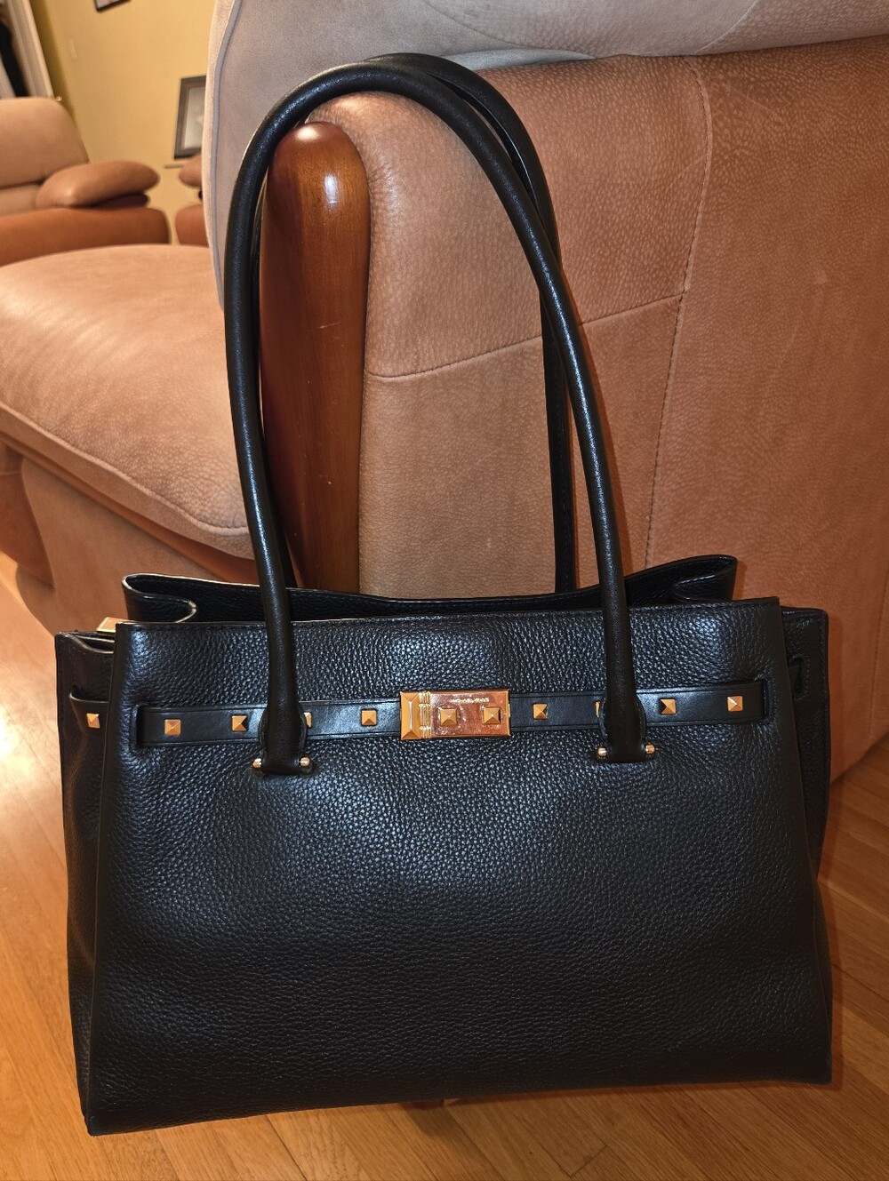 Michael Kors Black Leather Stud-Trim Tote with Gold Hardware